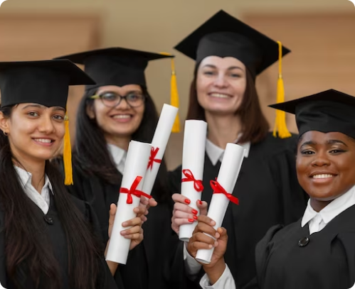 group diverse grads throwing caps up sky Malaysia 15